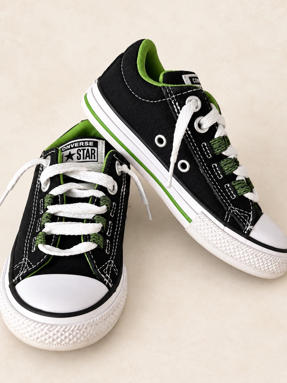 Converse All Star Kids Low Top Black Sneakers with Lime Green Trim / Classic